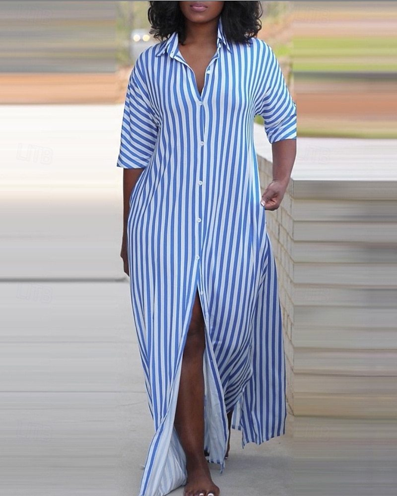 Femme robe longue Robe chemise Robe casual Robe d'été mode Décontractées Vacances du quotidien Rendez-vous Standard marinière Demi Manches Revers Noir Rouge Bleu Vert Eté Printemps de 2025 ? $23.99 –P1