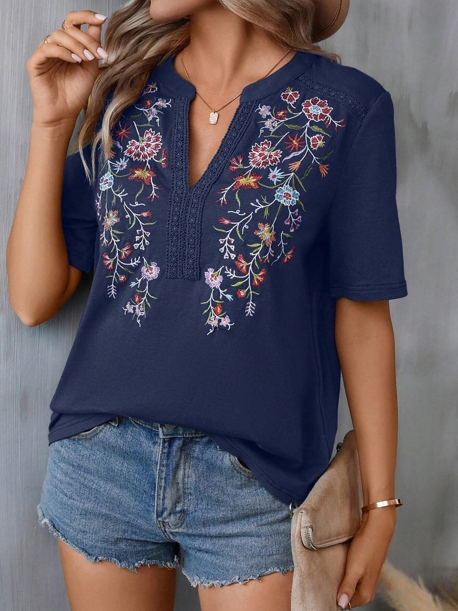 Women's Shirt Blouse Floral Stylish Casual Short Sleeve Notched Neck Regular Tops Daily Embroidered Army Green Navy Blue Summer 2025 - $32.99 –P4