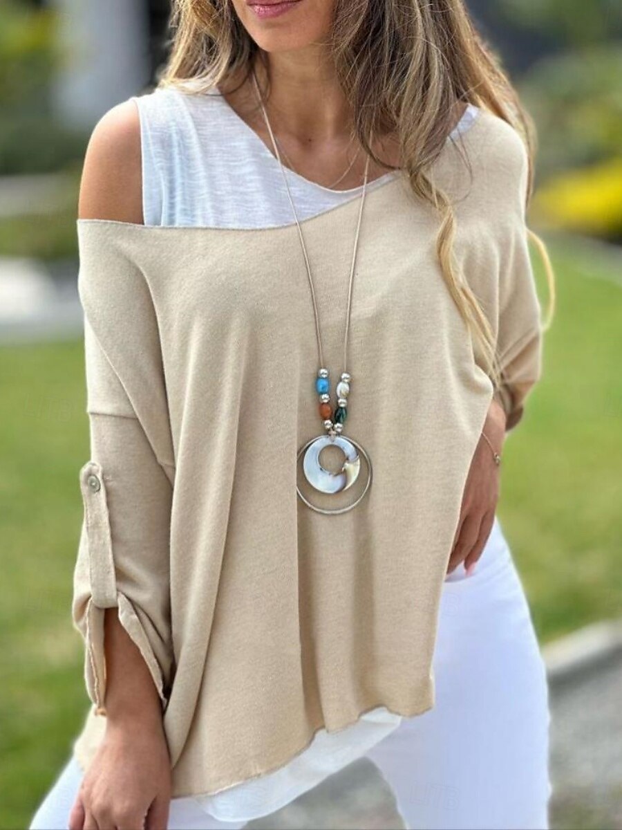 Damen Hemd Bluse Feste Farbe Stilvoll Brautkleider schlicht Langarm Rundhalsausschnitt Normale Oberteile Täglich Patchwork Beige Sommer Frühling 2025 - $39.99 –P1