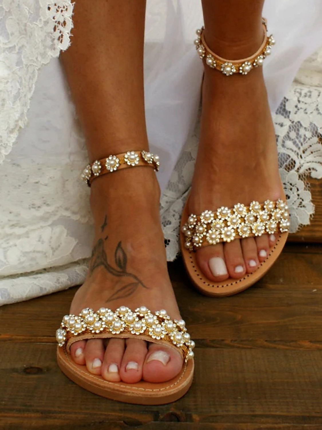 Boho chic květinové ploché sandály z korálků s páskem ke kotníkům pro dámské letní outfity a svatby 2025 - $46.99 –P2