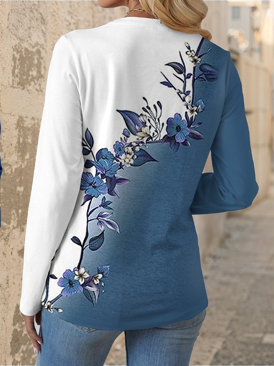 Damen T-Shirt Rundhals Langarm Tunika Florales Grafik Lässig Reguläre Oberteile Täglicher Druck Blau Frühling Herbst 2026 - $24.99 –P2