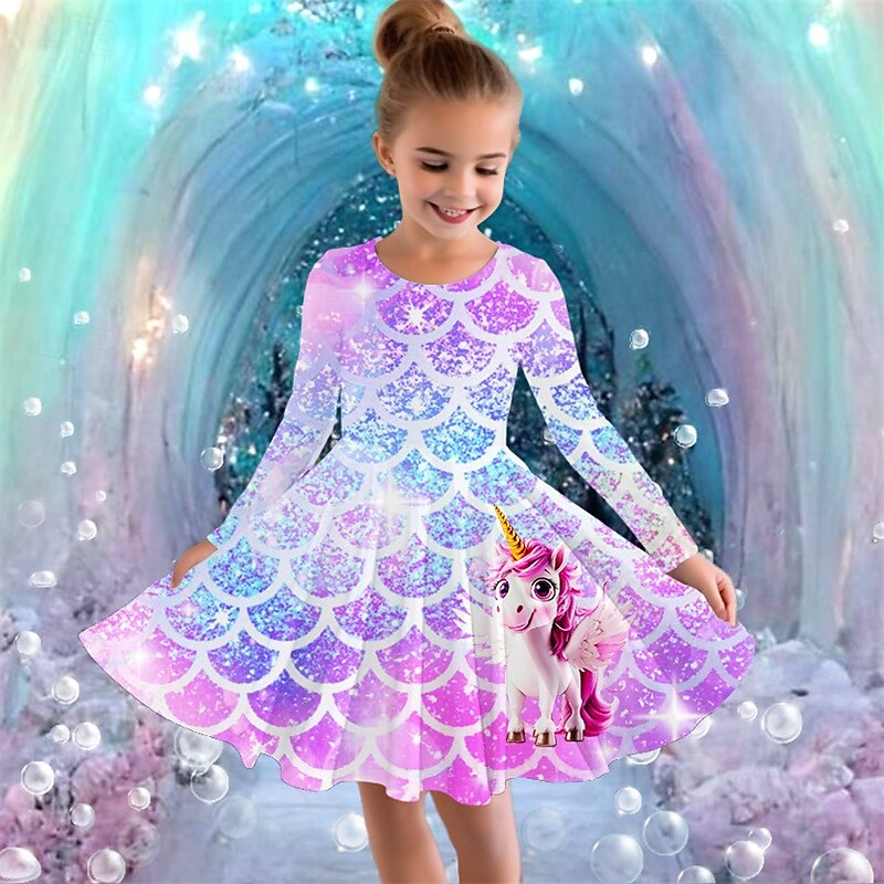 Girls ' 3D Graphic Unicornio Vestido Manga Larga Verano Primavera Vacaciones Diario Festivos Princesa Hermosa Dulce Niños 4-12 años Vestido informal Vestido de una línea Hasta la Rodilla Ajuste 2025 - $16.99 –P2