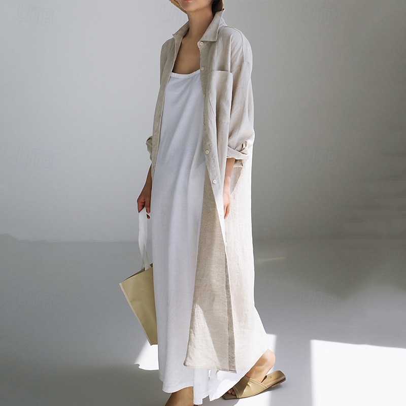 Damen Langes Kleid Maxikleid Leinen-inspirierte Kleider Hemdblusenkleid Freizeitkleid Baumwoll-Leinenkleid Stilvoll Lässig Urlaub Täglich Date Normale Passform Einfach Langarm Revers Schwarz 2025 - $28.99 –P5