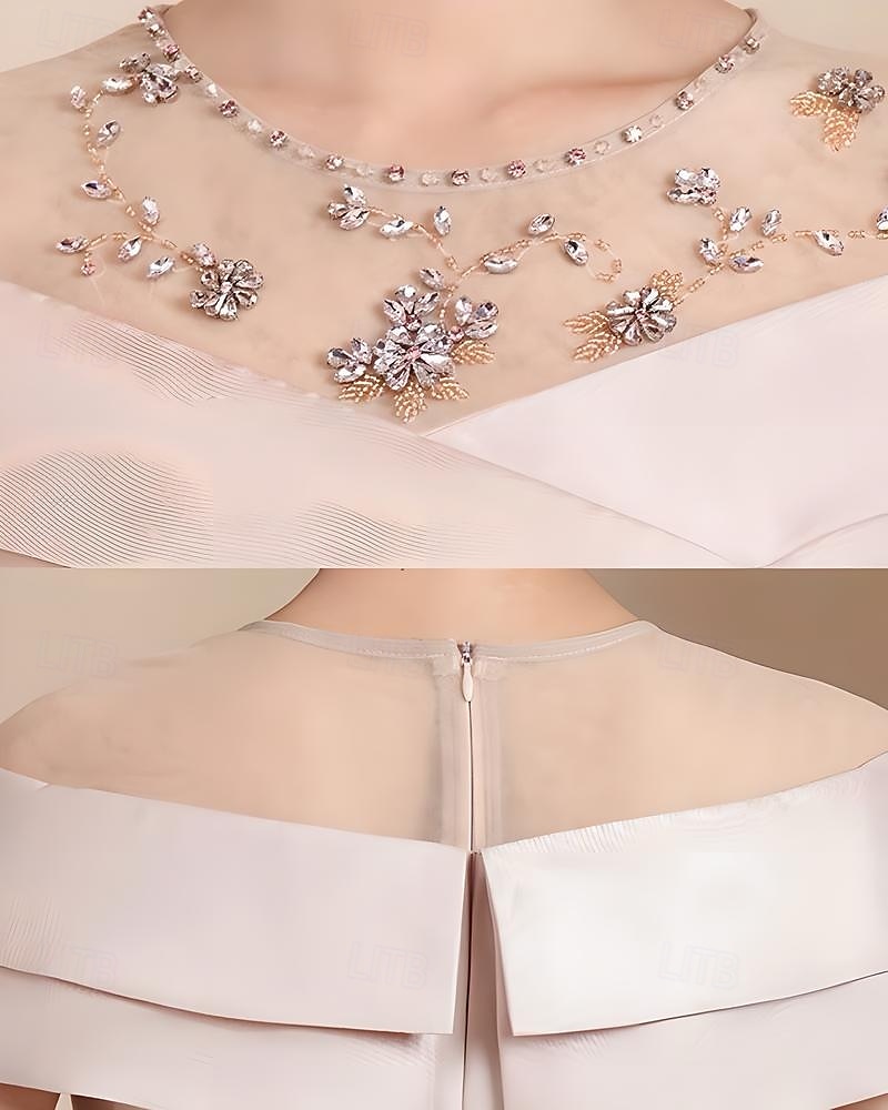 Mutter der Braut Kleid Tee-Länge Elegant Vintage Einfach Rundhalsausschnitt Satin Tüll Kurze Ärmel mit Falten Cascading Rüschen Diamant Einfarbig Derby Kleid Renntag Kleid 2025 2025 - $175.99 –P3