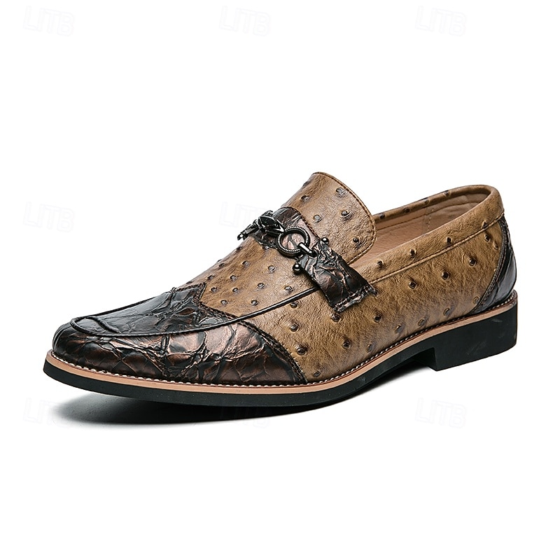 pánské hnědé mokasíny z umělého semiše se pštrosím vzorem – stylové slip-on boty pro formální i běžné příležitosti 2025 - $46.99 –P4