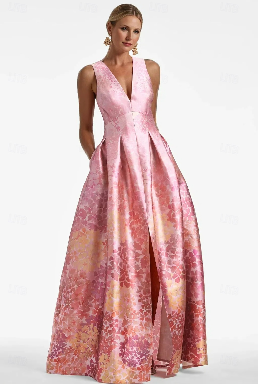 A-linjig Aftonklänning Hög Slits Klänning Strand Bröllop Formell Bröllop Gäst Golvlängd Ärmlös V-hals Ficka Satin med Blommönster Slits Ficka Derby Klänning Racedag Klänning Bröllop Gäst Klänning 2025 2025 - $144.99 –P3