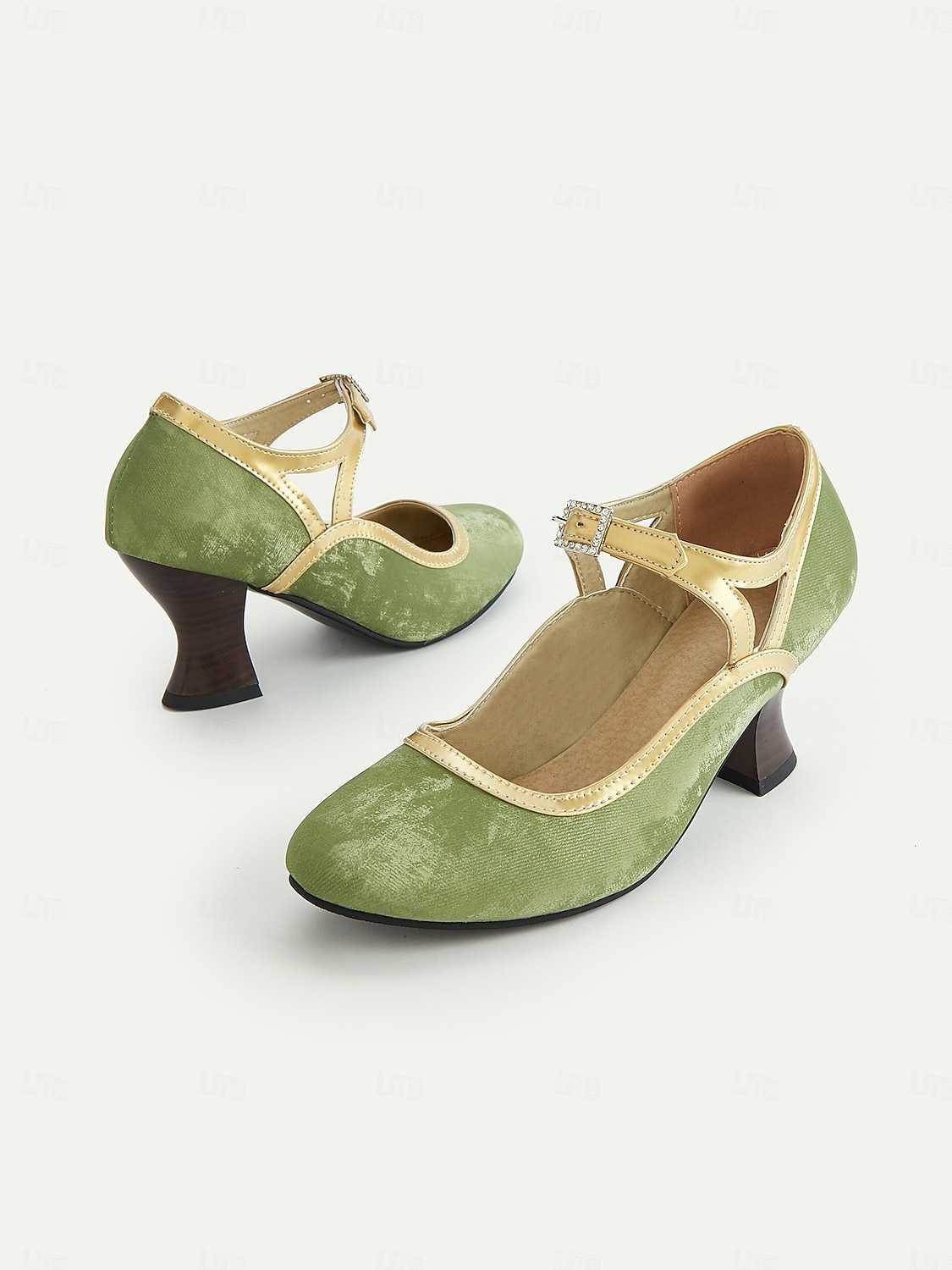 Groene en gouden vintage Mary Jane-hakken voor dames uit de jaren 30 met gesp met strass-steentjes, comfortabele middelhoge hak, perfect voor formele evenementen en retro-themafeesten 2026 - $59.99 –P2