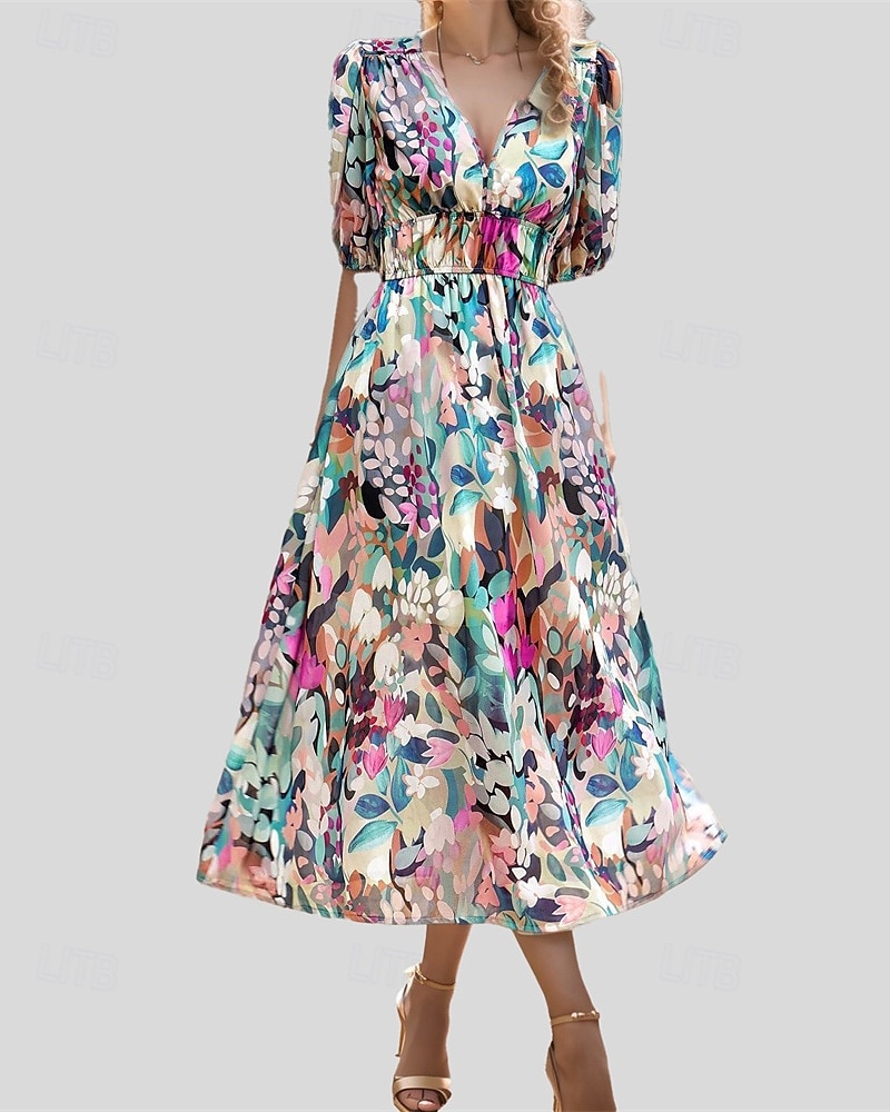 Dam Långklänning Maxiklänning Vardagsklänning A linjeklänning Blommig klänning Sommarklänning Elegant Stylish Semester Dagligen Datum Normal Blommig Kortärmad V-hals Svart Rodnande Rosa Blå Grön 2025 - $28.99 –P6