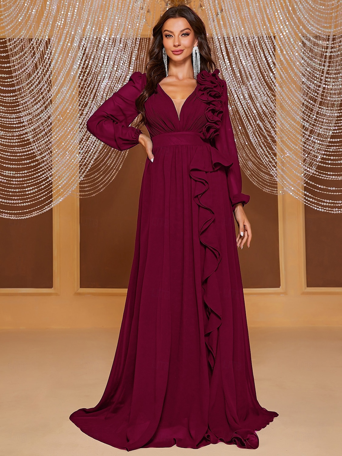 A-Line Evening Gown Elegant Dress Formal Wedding Floor Length Long Sleeve V Neck Chiffon with Ruffles Shouder Flower 2025 - $117.99 –P5