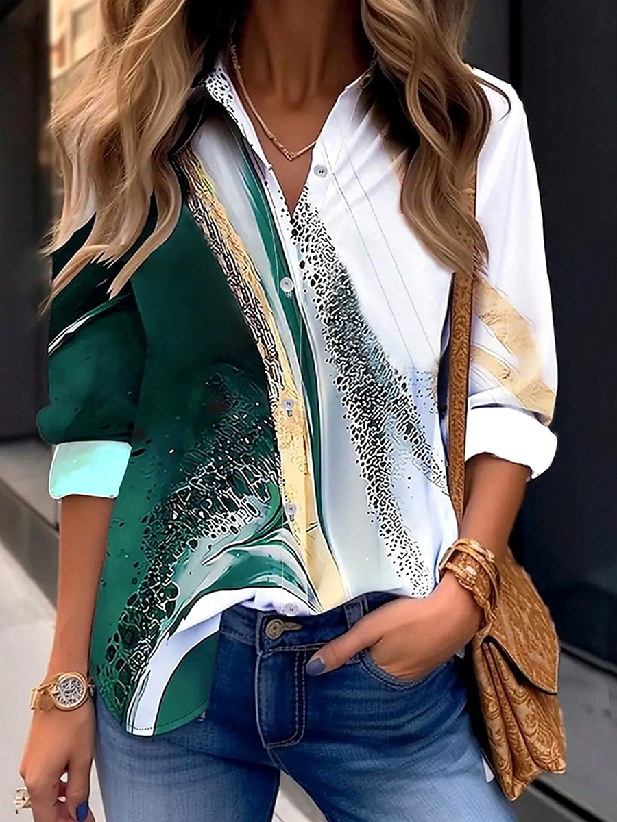 Camicia da donna a maniche lunghe blusa con bottoni grafica ombre marmo quotidiana alla moda colletto camicia lunghe tops quotidiani bottoni stampa verde estate primavera del 2025 a $32.99 –P1