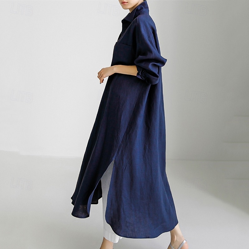Damen Langes Kleid Maxikleid Leinen-inspirierte Kleider Hemdblusenkleid Freizeitkleid Baumwoll-Leinenkleid Stilvoll Lässig Urlaub Täglich Date Normale Passform Einfach Langarm Revers Schwarz 2025 - $28.99 –P9