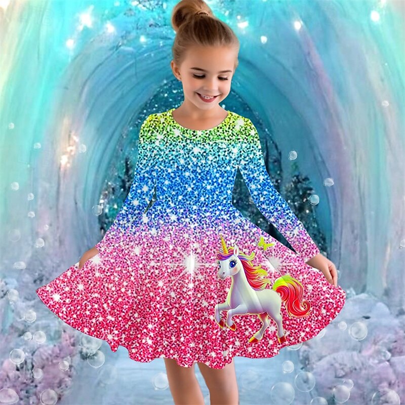 Flickor 3D Grafisk Enhörnings Klänning Långärmad Sommar Vår Semester Dagligen Helgdag Prinsessa Skön Ljuv Barn 4-12 år Vardagsklänning A linjeklänning Knälång Normal 2025 - $16.99 –P5