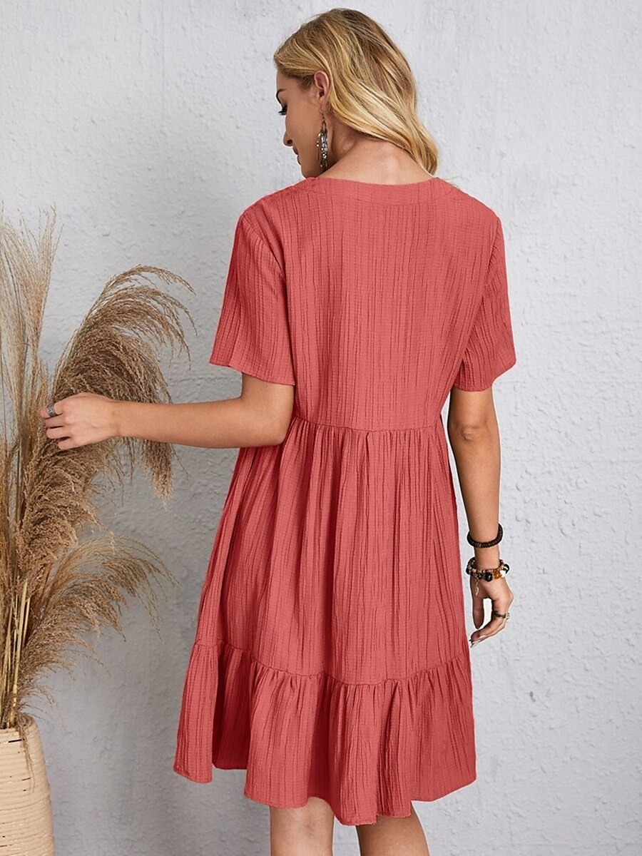 abito da lavoro da donna abito casual abito a trapezio elegante da ufficio quotidiano abito lungo abito lungo patchwork scollo a V manica corta tinta unita vestibilità regolare nero rosa rosso estate del 2025 a $21.99 –P2