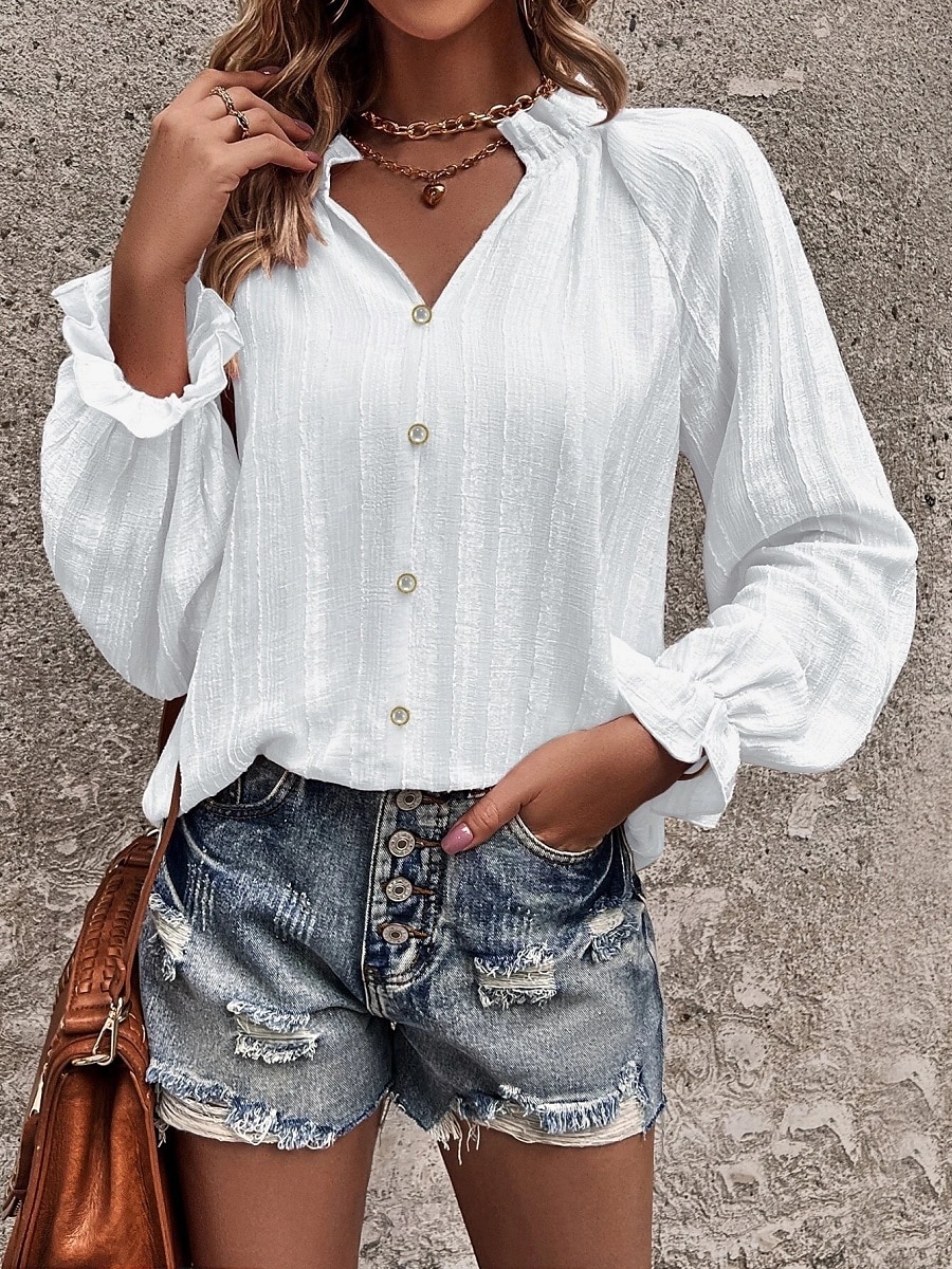 Dames Overhemd Blouse Effen Kleur Stijlvol Casual Lange mouw Gekerfde nek Normale tops Dagelijks Knop Vetergat Wit Zomer 2025 - $29.99 –P3