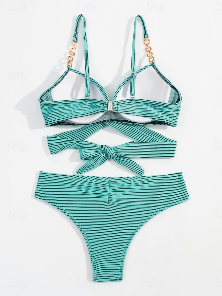 Dame Badetøy Bikini 2 stk Frekk Badedrakt Åpen rygg Tynn Ferie Strand Klær Stripe V-hals Ermeløs Badedrakter 2025 - $26.99 –P2