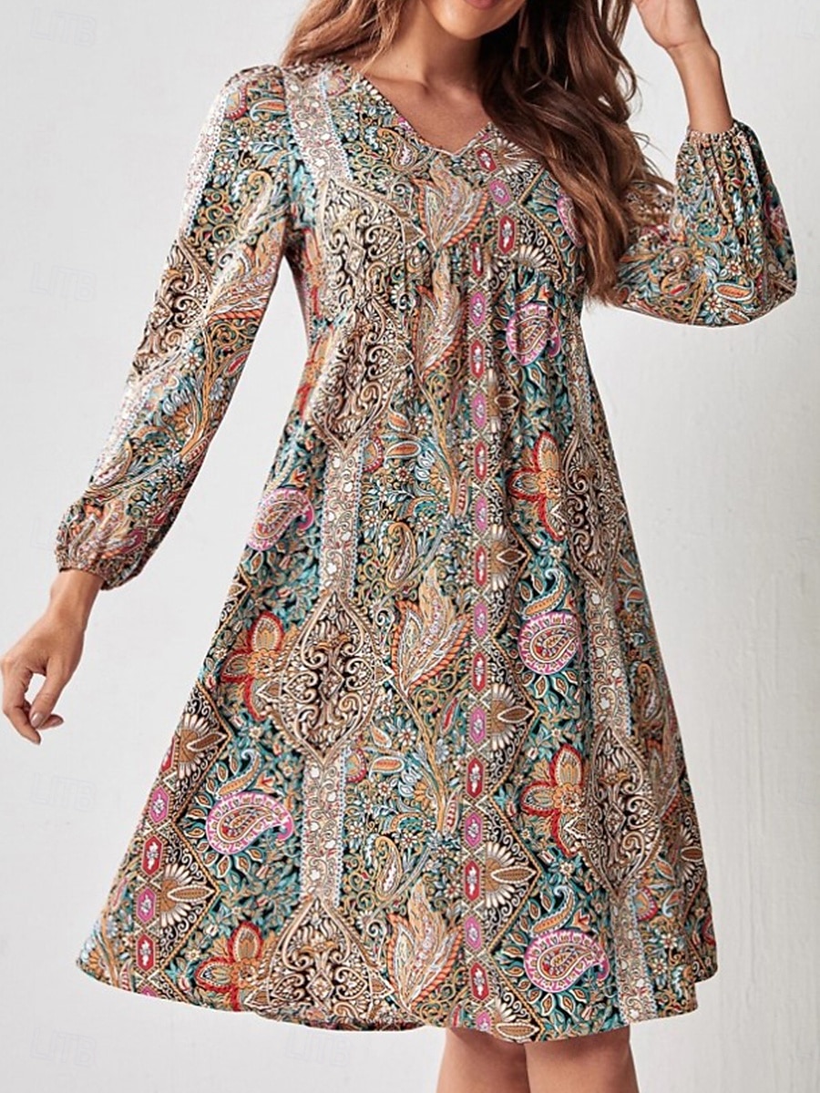 Damen Minikleid Vintage-Kleid A Linie Kleid Boho-Kleid Stilvoll Brautkleider schlicht Urlaub Täglich Regular Fit Blumen Langarm V Ausschnitt Rote Sommer 2025 - $31.99 –P5