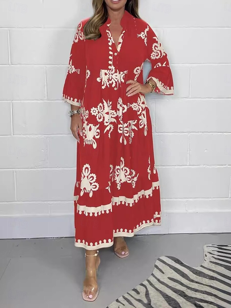 Dame Maxikjole Uformell kjole Boho elegante kjoler Boho-kjole Bohem Stilfull Fritid Feriereise Daglig Strand Løstsittende Grafisk 3/4 ermer V-hals Svart Rød Grønn Beige Sommer Vår 2025 - $34.99 –P6