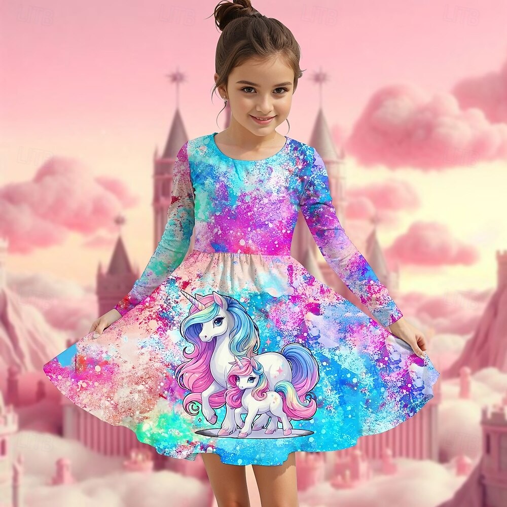 Flickor 3D Grafisk Enhörnings Klänning Långärmad Sommar Vår Semester Dagligen Helgdag Prinsessa Skön Ljuv Barn 4-12 år Vardagsklänning A linjeklänning Knälång Normal 2025 - $16.99 –P1