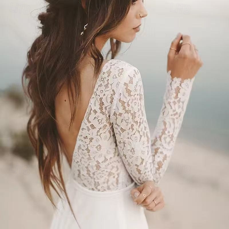 Robes de mariage boho à dos ouvert de plage A-Line décolleté en V col illusion manches longues traîne de cour costumes de mariée en chiffon avec ceinture  ruban de 2025 ? $173.99 –P4