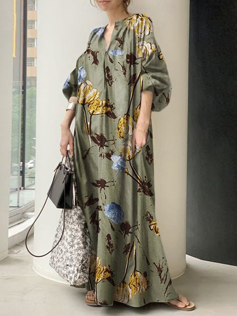 Damen Maxikleid Leinen-inspirierte Kleider Schwingkleid Elegant Urlaub Täglich Lässiger Schnitt Blumen Langarm V Ausschnitt Hellgrün Beige Frühling Herbst 2025 - $36.99 –P4
