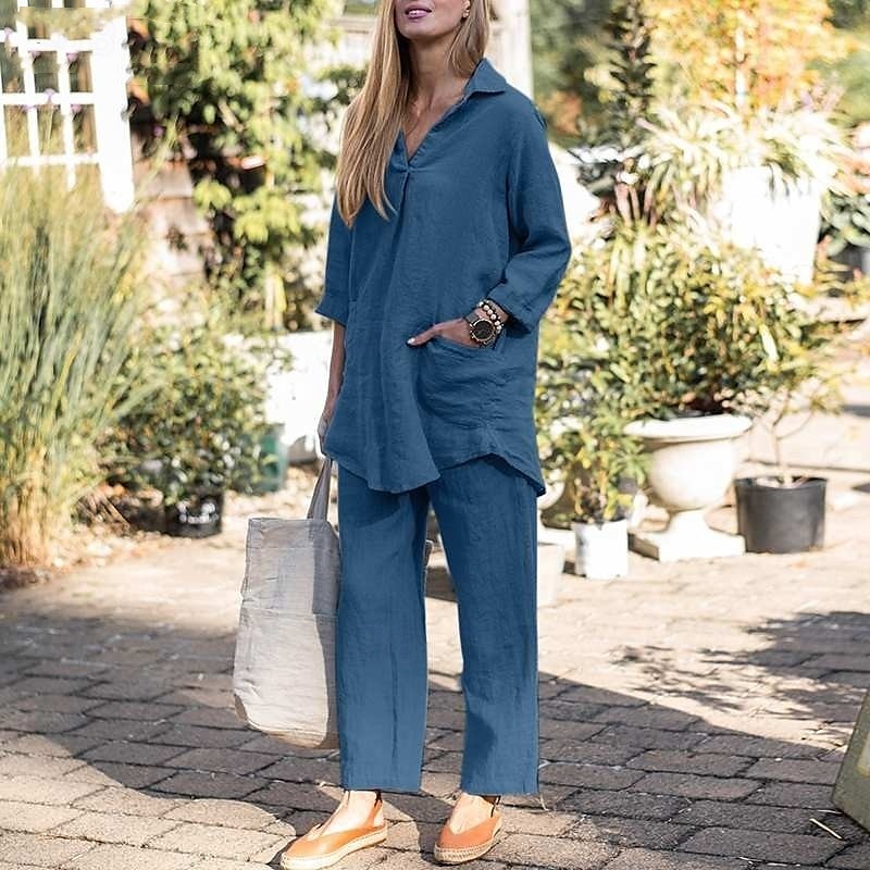 Per donna Moda Streetwear Camicie di cotone e lino Set di biancheria in cotone Set di Pantaloni Manica Lunga Colletto a Camicia Semplice Abbigliamento quotidiano Data Blu Verde Grigio Estate del 2025 a $38.99 –P5