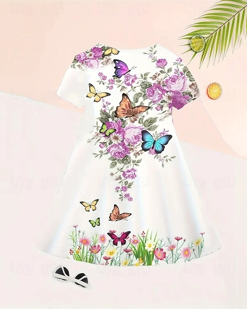 FILLE 3D Graphic Papillon Robe Manche Courte Eté Printemps Vacances du quotidien Princesse Magnifique Doux Enfants 4-12 ans Robe casual Robe Trapèze Mi-long Standard de 2026 ? GBP £12 –P3