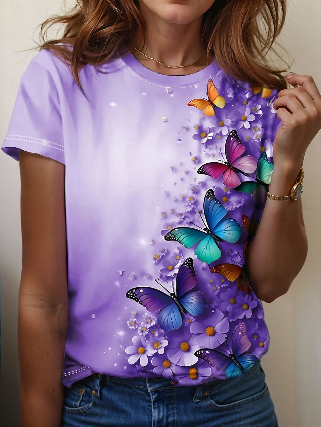 Women's T Shirt Butterfly Casual Short Sleeve Round Neck Regular Tops Daily Print Purple Summer 2025 - $19.99 –P1
