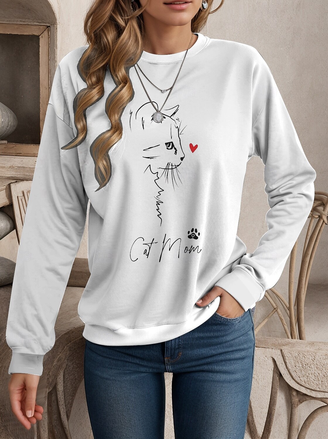 Per donna Felpe Gatto Informale Manica lunga Rotonda Top regolari Ufficio Da giorno Informale Stampa Bianco Autunno Inverno del 2025 a $24.99 –P2
