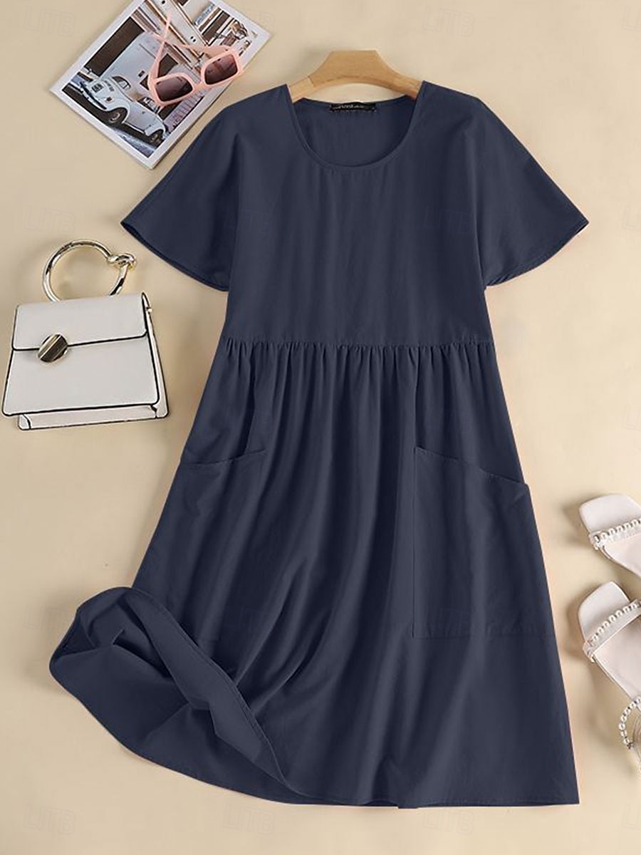 Per donna Abito Midi Abito Lungo Maxi Abito Abiti in cotone e lino Elegante Essenziale Casual Vacanza Feste Lavoro Vestibilità regolare Semplice Manica Corta Girocollo Rosa Marrone chiaro Cachi Blu del 2025 a $6.99 –P7