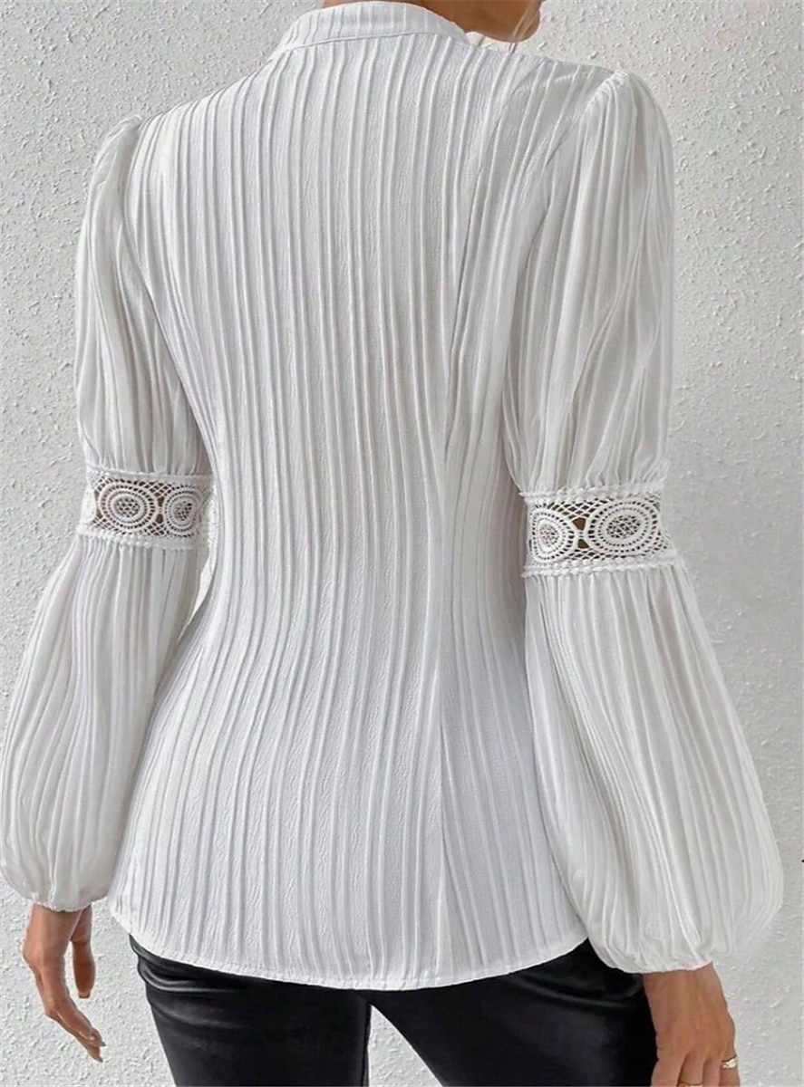 Damskie Koszula Koszula Boho Bluzka Koronka Niejednolita całość Guziki Jednokolorowe Elegancki Codzienny Długi rękaw Wysoki Zwykłe topy Codzienny Biały Beżowy Lato Wiosna 2026 - $37.99 –P2