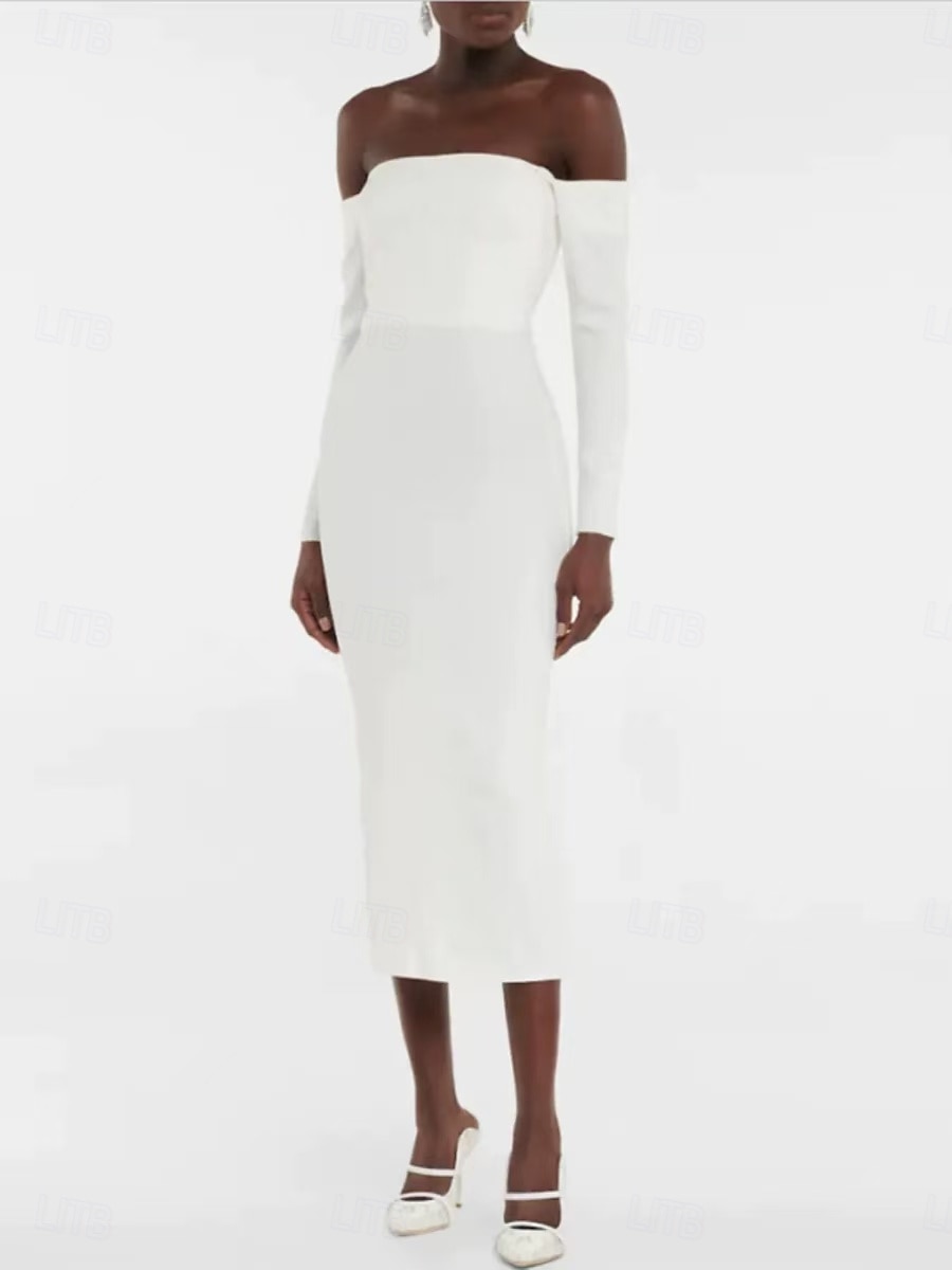 Robe blanche de réception petites robes boho robes de mariage fourreau  colonne épaules nues à manches 3/4 longueur thé en tissu extensible costumes de mariée robes de mariée avec drapés couleur unie de 2025 ? $176.99 –P1