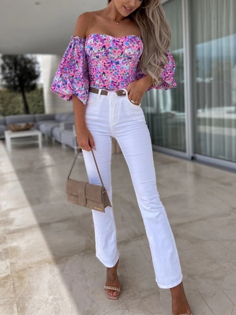 Dames Overhemd Blouse Afdrukken Blote rug Bloemig Stijlvol Casual Lange mouw Strapless Normale tops Dagelijks Zwart Wit Rood Paars Zomer Lente 2026 - $29.99 –P3