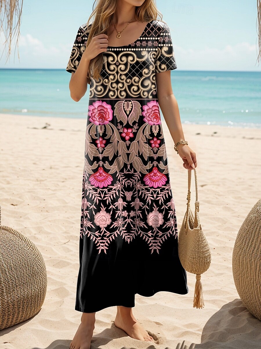 Damen Maxi Kleid Freizeitkleid Sommerkleid Shift Kleid Lässige Tägliche Lässige Passform Floral Kurzarm Rundhalsausschnitt Schwarz Sommer 2025 - $27.99 –P1