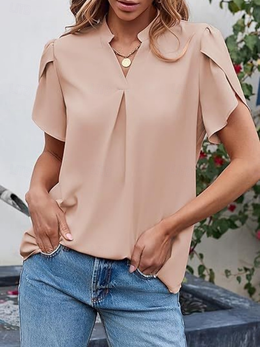 Dames Overhemd Blouse Effen Kleur Basic Casual Korte mouw Gekerfde nek Normale tops Dagelijks Blozend Roze Groen Zomer 2025 - $26.99 –P4