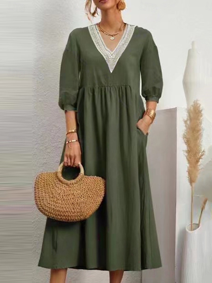 Damen Midikleid Baumwoll-Leinen-Kleider Freizeitkleid Basic Lässig Urlaub Täglich Normale Passform Einfach Dreiviertelarm V Ausschnitt Schwarz Weiß Armeegrün Sommer 2025 - $28.99 –P5
