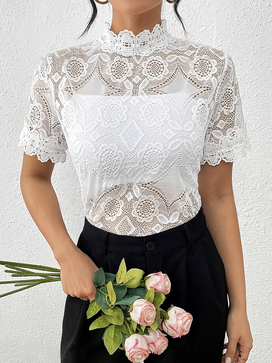 Damskie Koszula Boho Top z koronką Hawajskie Krótki rękaw Asymetryczna Zwykłe topy Koronka Biały Lato Wiosna 2025 - $22.99 –P6