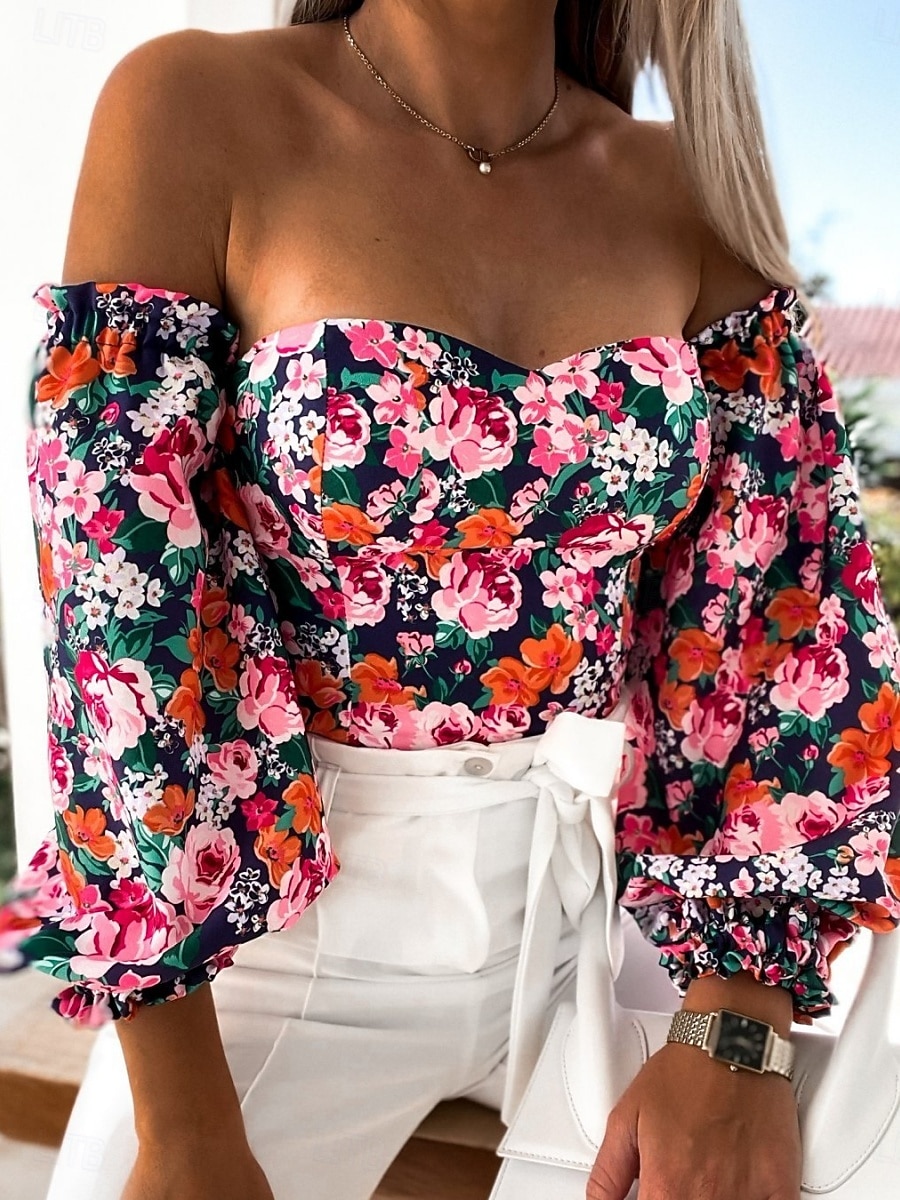 Dames Overhemd Blouse Afdrukken Blote rug Bloemig Stijlvol Casual Lange mouw Strapless Normale tops Dagelijks Zwart Wit Rood Paars Zomer Lente 2026 - $29.99 –P9