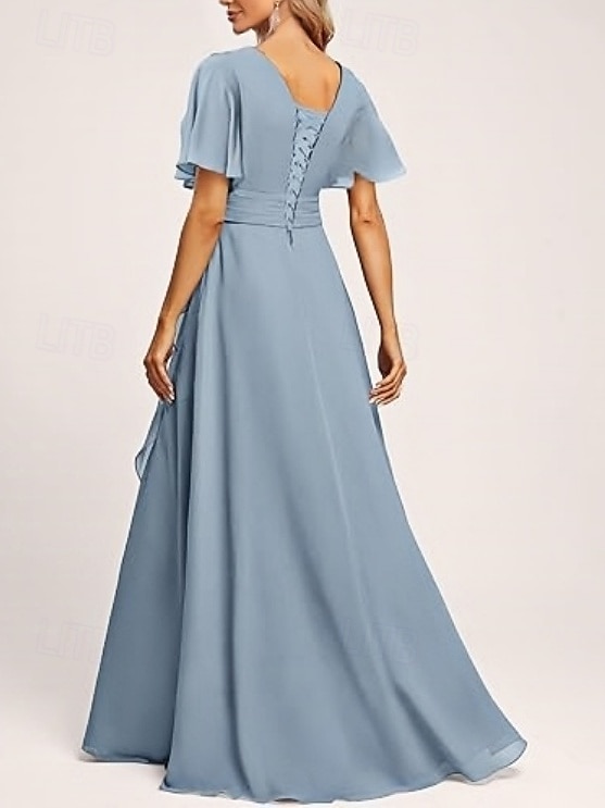 A-Linien Brautjungfernkleid V-Ausschnitt Kurzarm Elegant Bodenlänglich Chiffon mit Rüschen  Geteilter Front  Raffung 2025 - $164.99 –P2