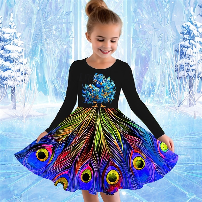 Girls' 3D Graphic Animal Peacock Dress Long Sleeve Summer Spring Vacation Daily Holiday Princess Beautiful Sweet Kids 4-12 Years Casual Dress A Line Dress Knee-length Regular Fit 2025 - $16.99 –P3