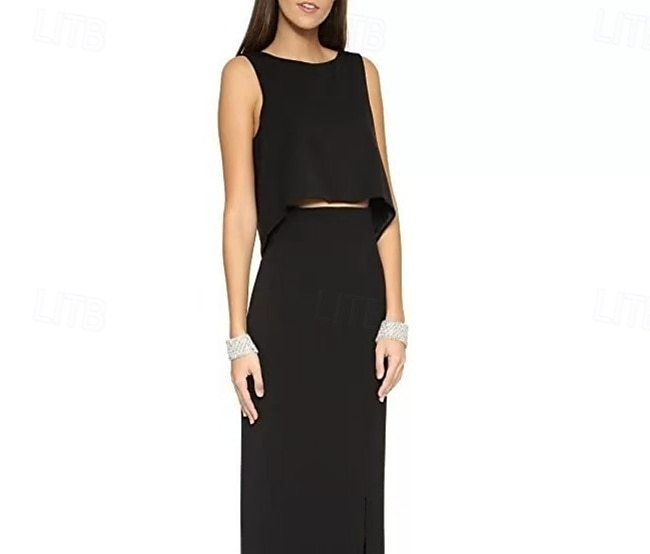 Robe de soirée deux pièces sirène  trompette élégante soirée gala cravate noire longueur complète sans manches col ras du cou mélange de coton sans dos avec fente et frange de 2025 ? $151.99 –P3