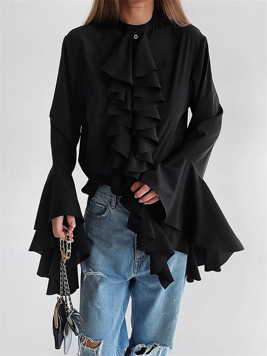 Жен. Рубашка Блуза Оборки Сплошной цвет Элегантный стиль Стиль На каждый день Длинный рукав Вырез под горло Обычные топы Повседневные Офис Праздники Черный Белый Весна Осень Зима 2026 - GBP £28 –P7