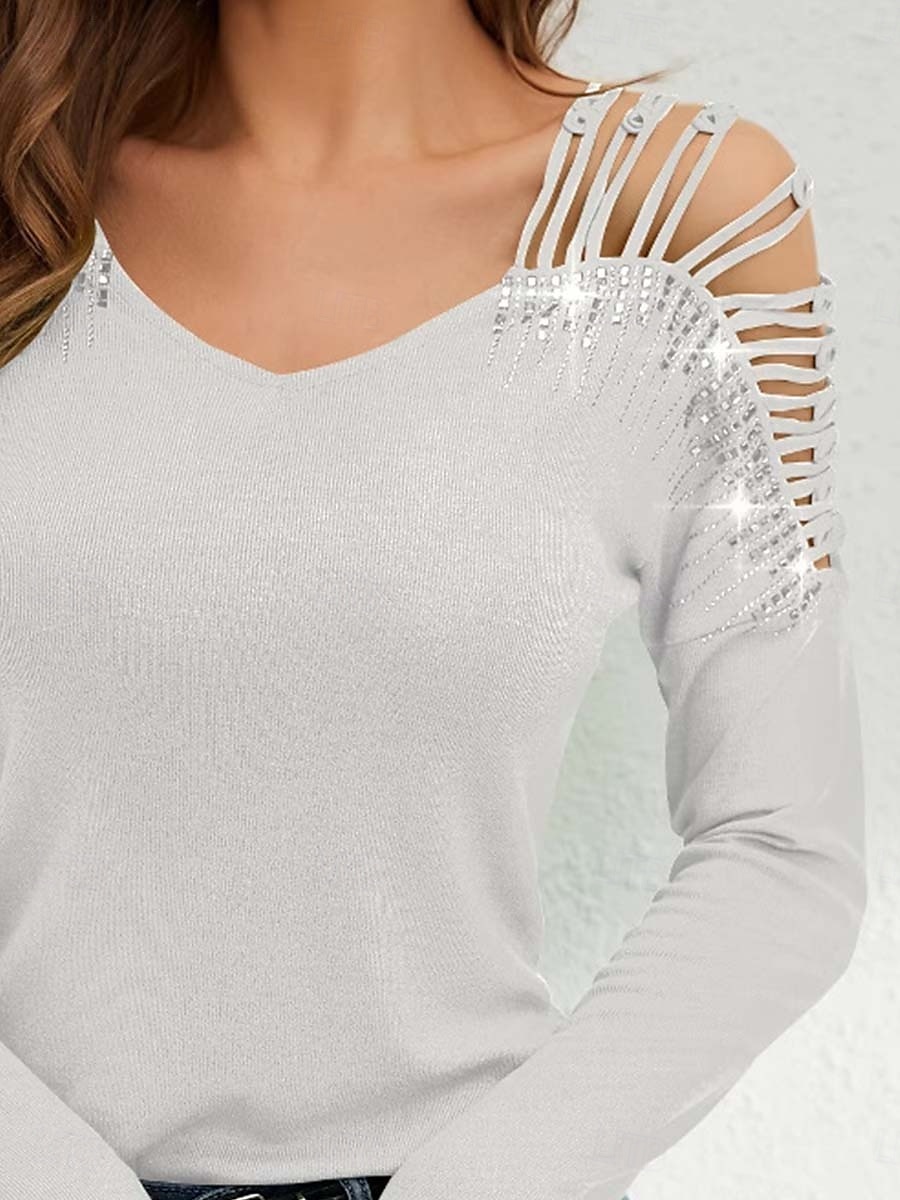 Damen Elegante Oberteile Elegant Langarm V Ausschnitt Normale Oberteile Schwarz Weiß Sommer Frühling 2025 - $29.99 –P3