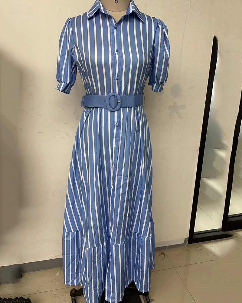 Dam Långklänning Maxiklänning Skjortklänning Vardagsklänning Sommarklänning Stylish Ledigt Semester Dagligen Datum Normal Rand Kortärmad Kavajslag Vit Blå Sommar Vår 2025 - $29.99 –P4