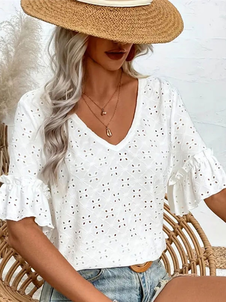 Women's White Elegant Lace Tops Eyelet Blouse Casual Plain Regular Tops Half Sleeve V Neck Eyelet Regular Fit Daily Weekend Romantic Petite Tops Summer Holiday Wear White Summer Spring 2025 - $21.99 –P6