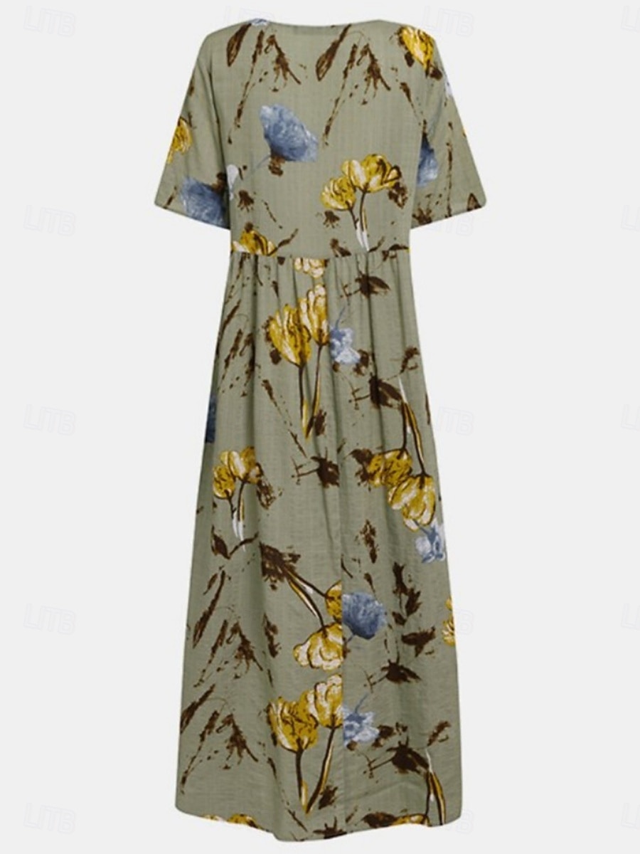 Femmes Robe maxi Robes en coton et lin Robe Décontractée Robe évasée Robe longue en coton Élégant Occasionnel Vacances Quotidien Coupe régulière Fleuri Manche Courte Col ras du cou Jaune clair Vert de 2025 ? $26.99 –P2