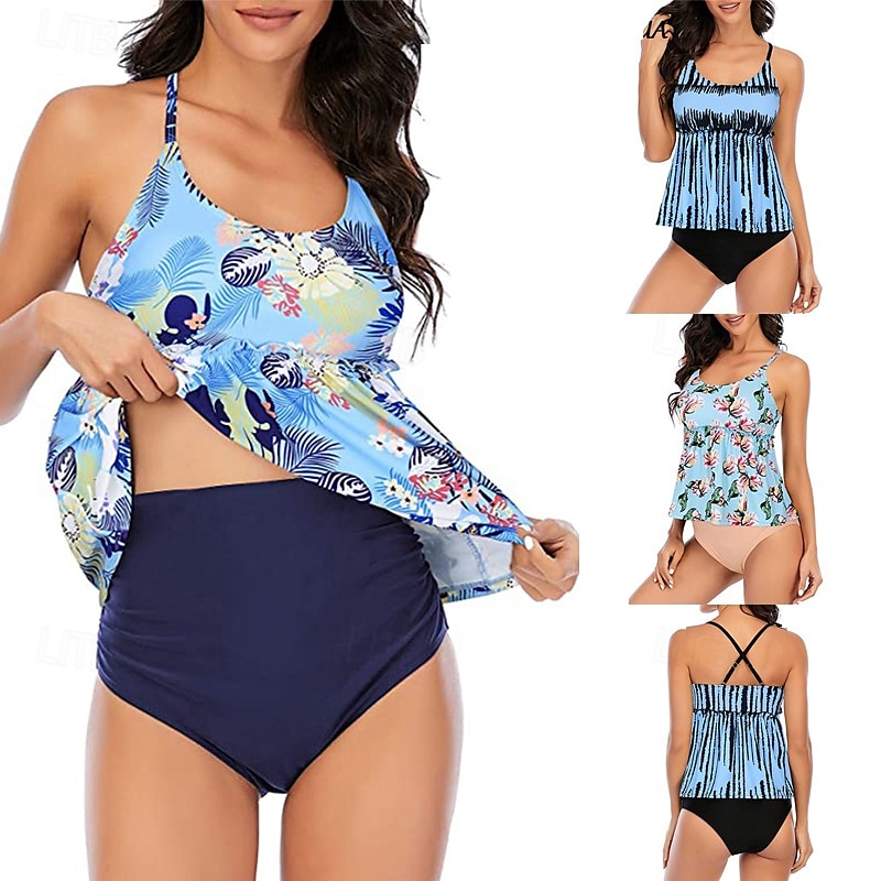 Femme Tankini Maillot De Bain Deux Pièces Dos Nu Maillots de Bain Floral Maillots de Bain Bleu Ciel Noir Respirable Séchage rapide Poids Léger Sans Manches - Natation Surf Plage Eté Printemps de 2025 ? $15.99 –P1