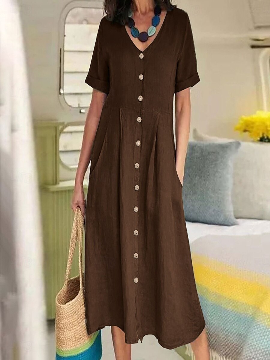 Damen Langes Kleid Maxikleid Leinen-inspirierte Kleider Baumwoll-Leinenkleid Hawaiianisch Normale Passform Einfarbig Kurzarm V Ausschnitt Dunkelbraun Weinrot Weiß Sommer Frühling 2025 - $26.99 –P1
