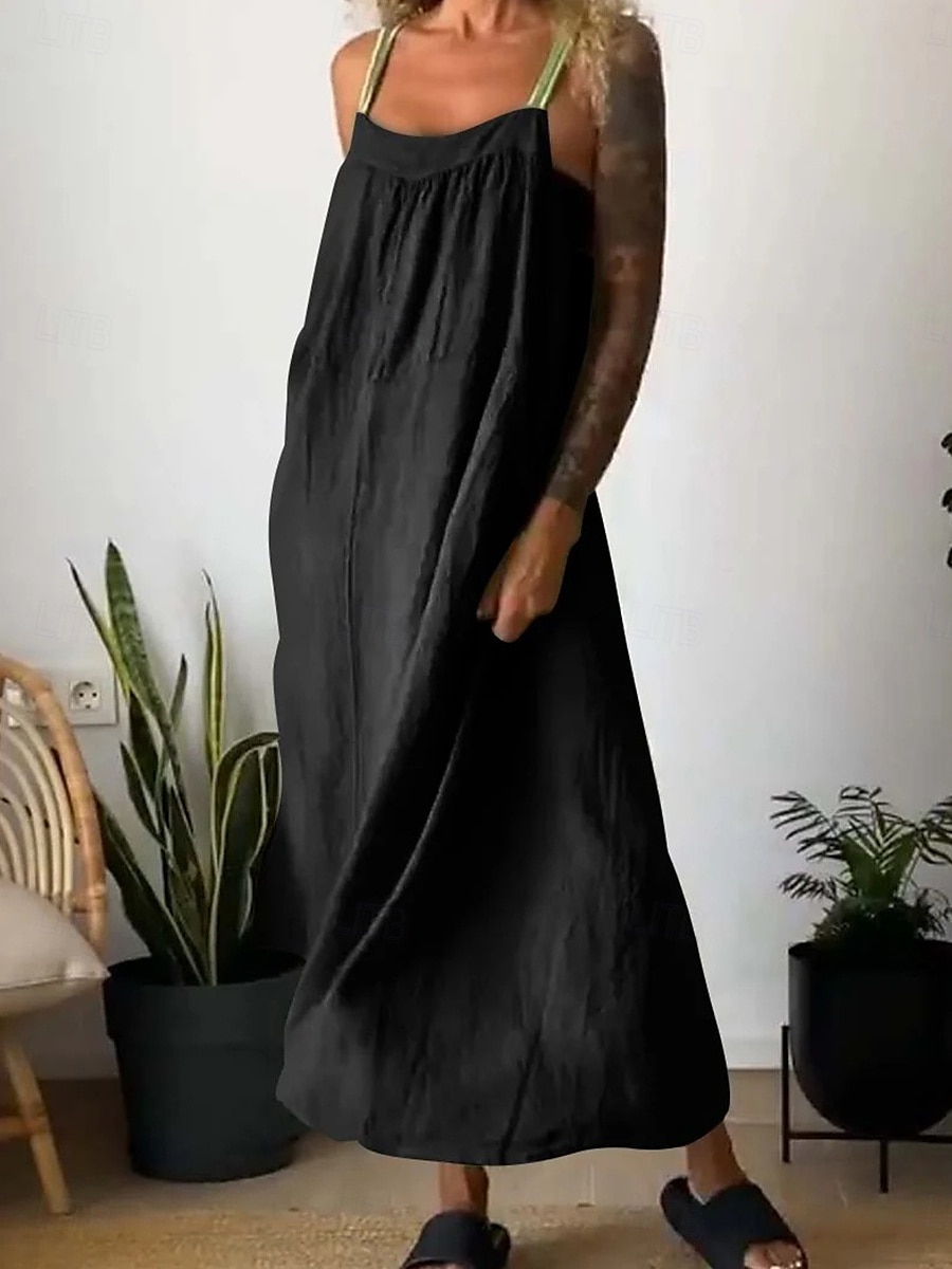 Damen Maxikleid Baumwoll-Leinen-Kleider Freizeitkleid Basic Lässig Urlaub Täglich Normale Passform Einfach Ärmellos U-Ausschnitt Schwarz Weiß Blau Khaki Sommer 2025 - $26.99 –P3