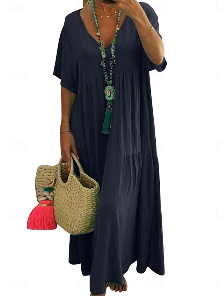 Damen Maxikleid Baumwoll-Leinen-Kleider Freizeitkleid Basic Lässig Urlaub Täglich Lässiger Schnitt Einfach Kurzarm V Ausschnitt Orange Grün Khaki Dunkelblau Sommer Frühling 2025 - $28.99 –P6