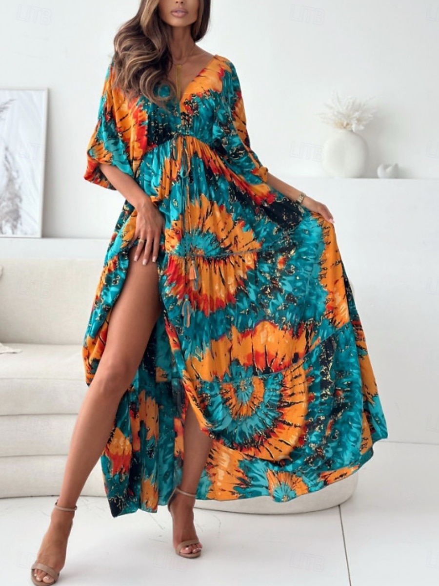 Dame Maxikjole Uformell kjole Swingkjole Boho elegante kjoler Bohem Fritid Feriereise Daglig Løstsittende Blomstret Batikkfarget 3/4 ermer V-hals Lys Lilla Grønn Sommer Vår 2025 - $33.99 –P1